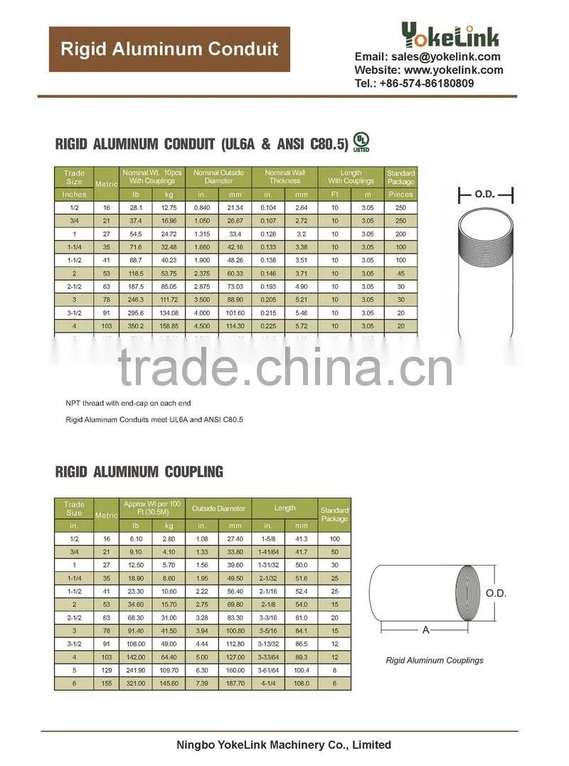 High Quality Electrical Tubo Conduit Rigido De Aluminio With UL6A listed
