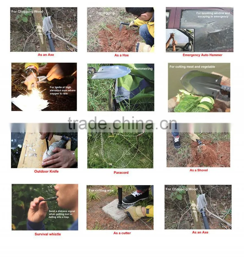 2016 10-in-1 Outdoor Emergency Shovel with Knife Hoe Hammer Fire Flint