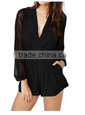 womens sexy chiffon rompers short pants new deep V-Neck long sleeve jumpsuit