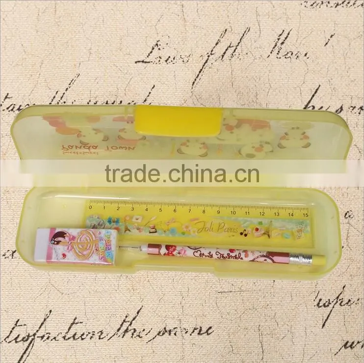 Curtom logo print transparent colorful plastic pencil case pen boxes set with pencil ruler and eraser