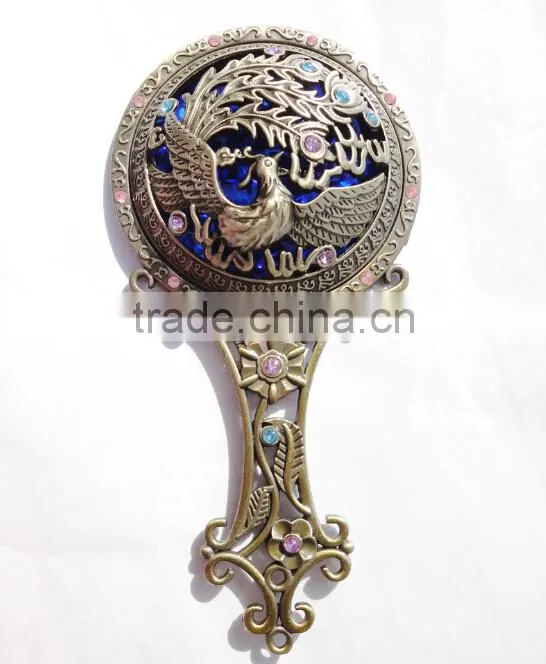 Antique Imitation Cosmetic Metal Pocket Mirror with Hair Comb,Handle Mirror/Hand Held Makeup Mirror/Round Fashion Mirror