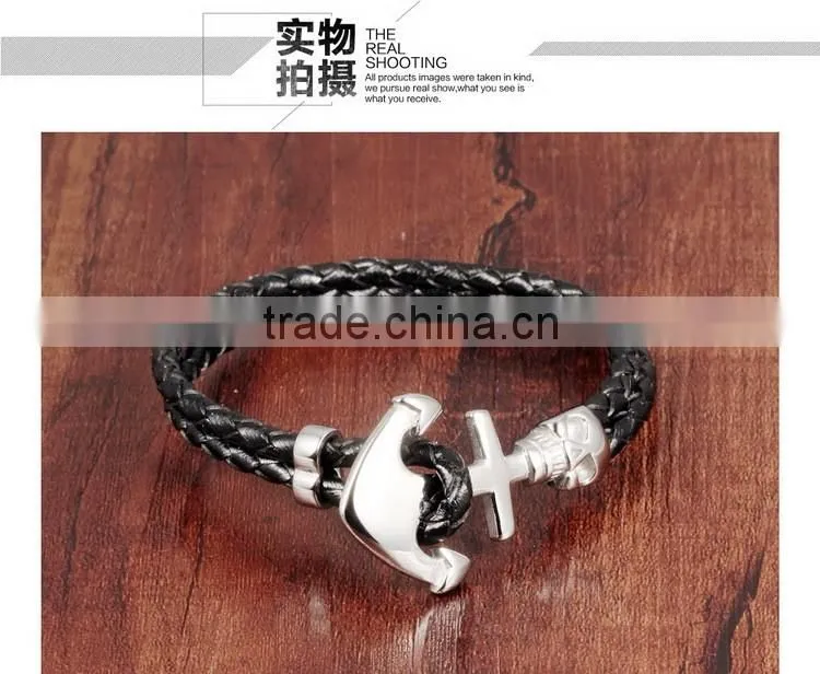 Cheap stainless steel skull boat anchor double braided leather bracelet punk rock style