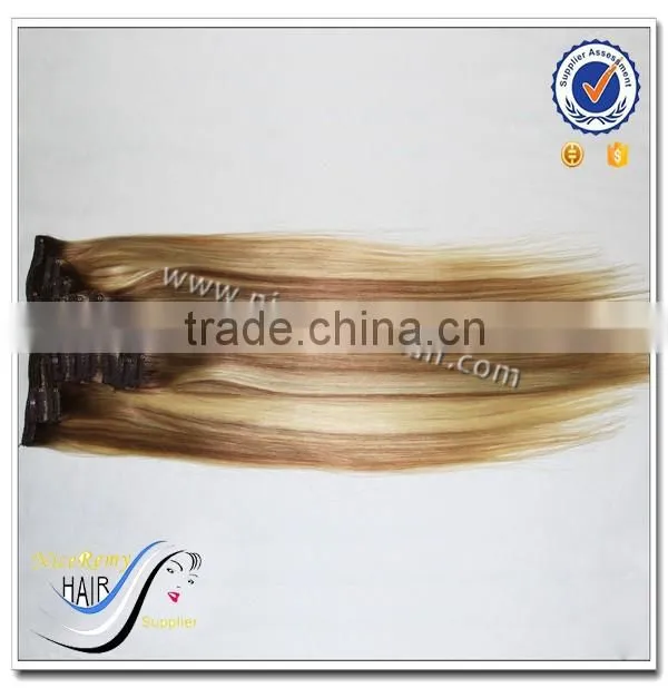 Wholesale clip in hair extension piano color hair 100% human hair clip in extensions