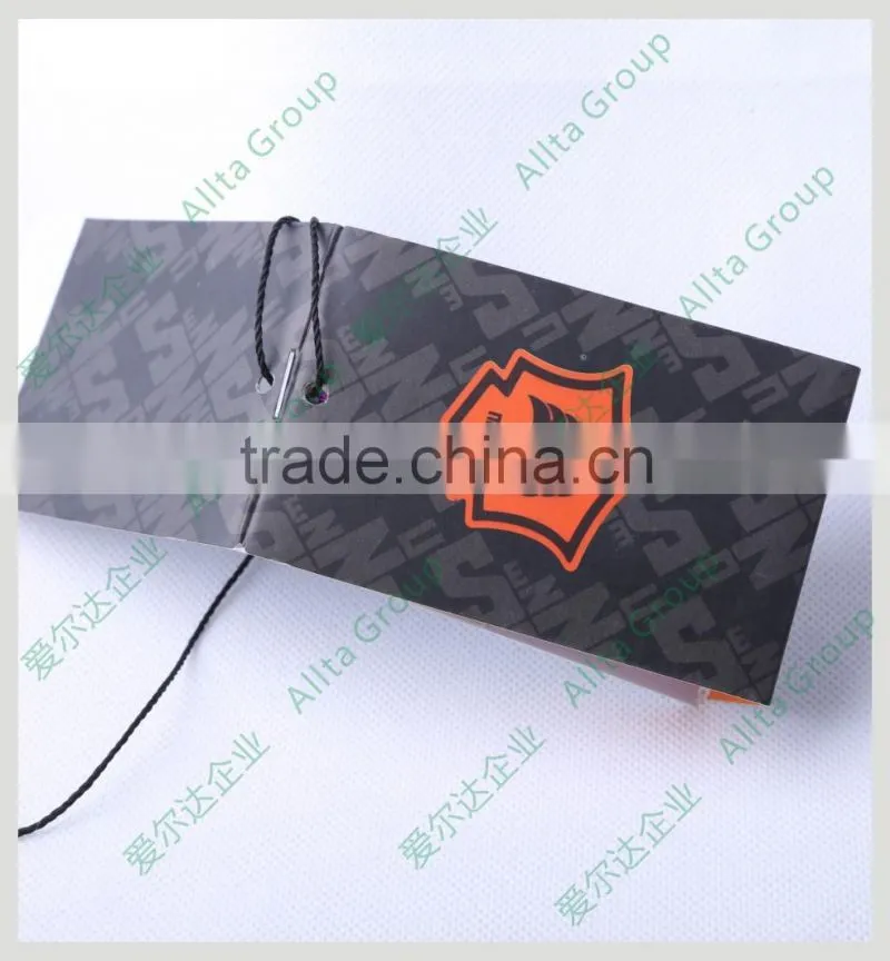 Customized garment paper tags with hang tag cord locking