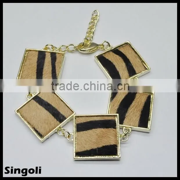 Leopard print Horse hair bracelet round silver chain Lobster clasp 2014 wholesale alili express fashion bracelet jewelry