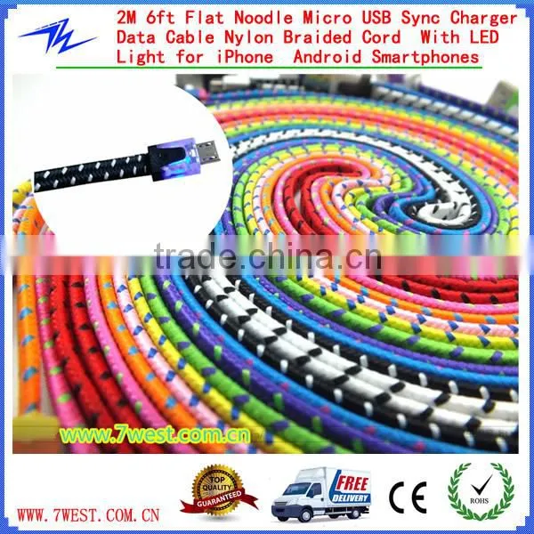 2M 6ft Flat Noodle Micro USB Sync Charger Data Cable Nylon Braided Cord With LED Light for iPhone Android Smartphones