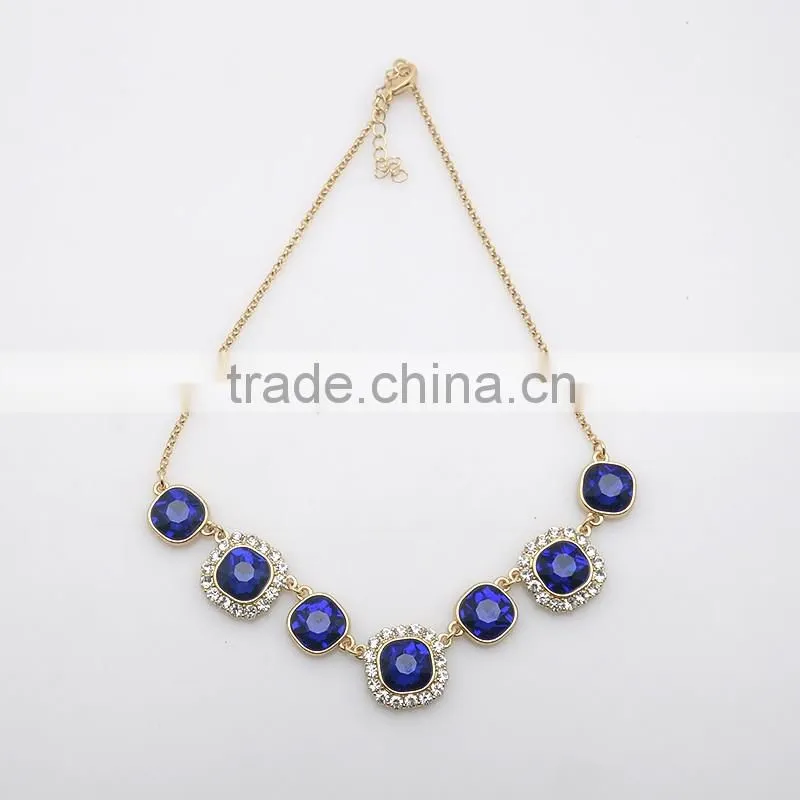 Wholesale gold chin resin jewelry fashion rhinestone blue ruby necklace set for party