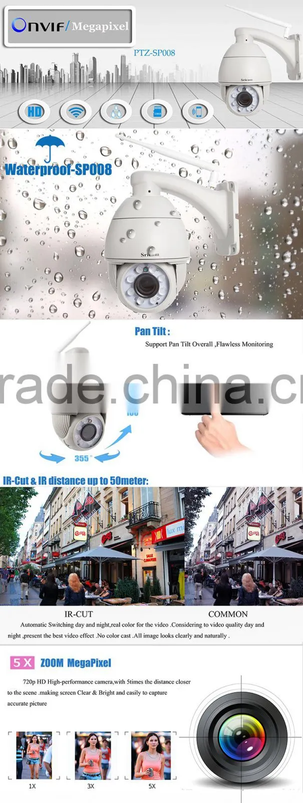 OEM/ODM Sricam SP008 p2p Pan tilt 128g IR 50 meter Speed Onvif full hd wireless ip ptz camera Dome security PTZ Camera
