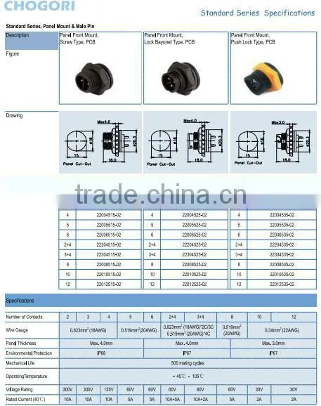 standard series push lock PCB panel front mount ip68 waterproof connector