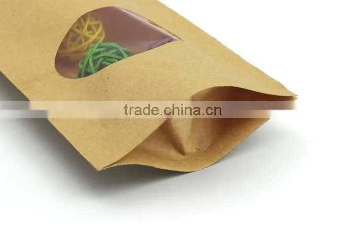 2016 HOT SELL food grade customized brown kraft food packaging paper stand up pouch bags with window and zipper