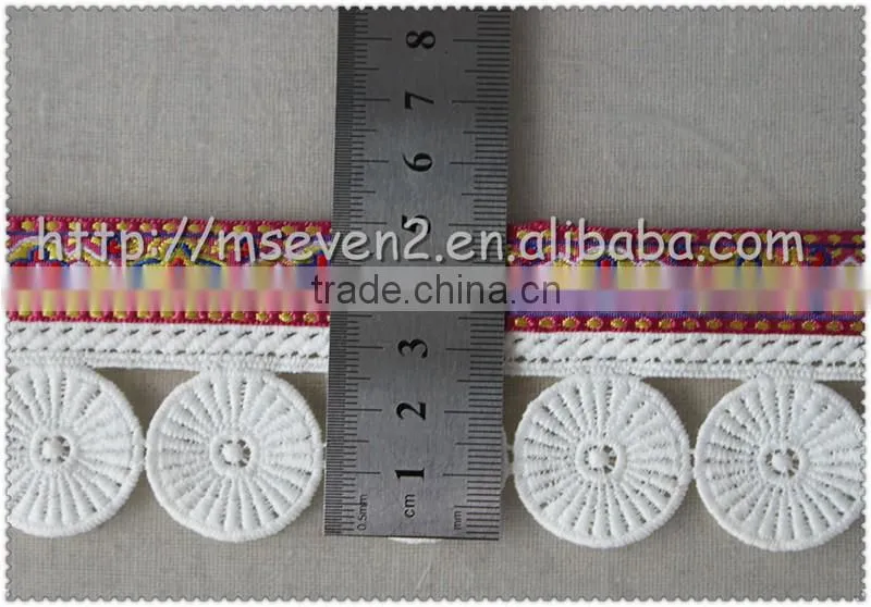Hot selling fringed polyester jacquard tape, Jacquard tape trim with round tassel for garment