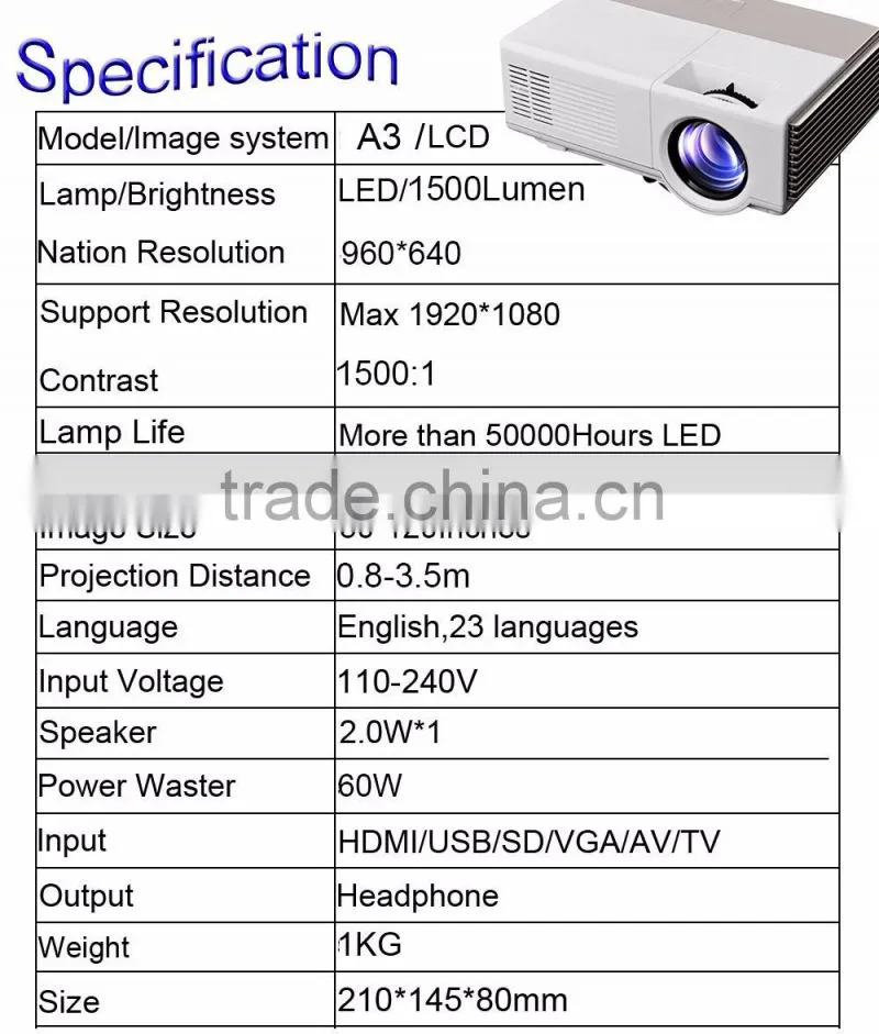 low price LED 1500Lumens mini projector with tv tuner