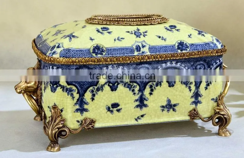 Lovely red plum blossom painting grasshopper shape brass decorative ceramic tissue box