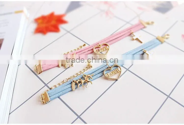 gold love heart cross horse feather charms sude leather bracelet multi layer velvet leather bracelet