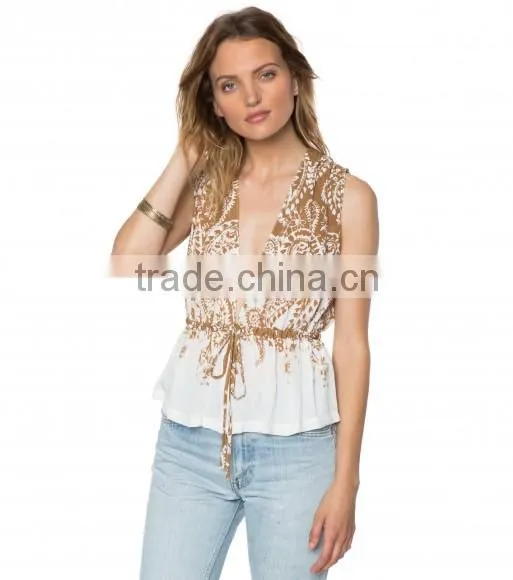 Wholesale Women Clothing sleeveless v-neck printed sexy top 2017