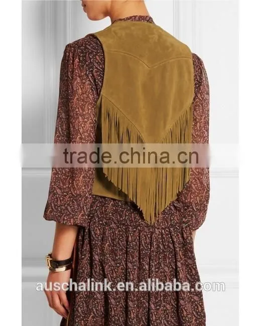 high quality women sweet brown slim fit fringe suede vest