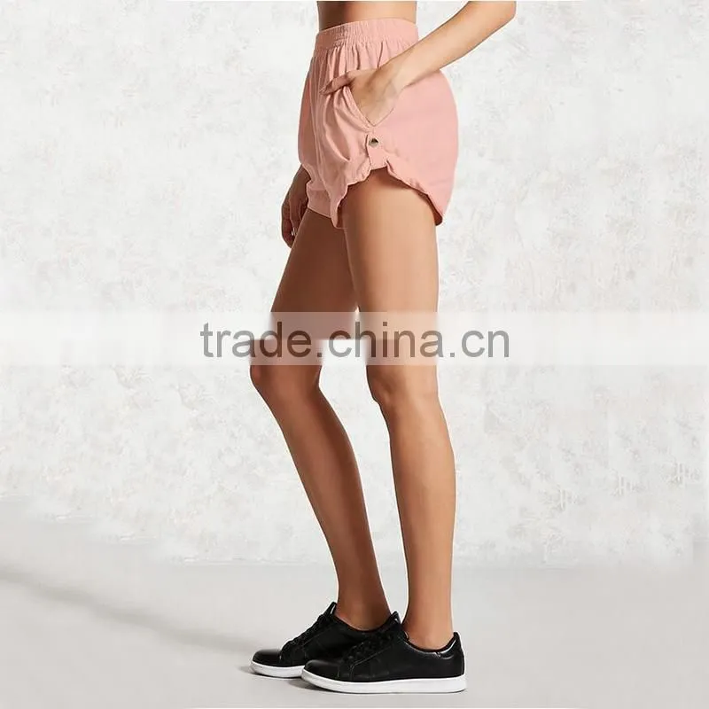 Wholesale hot sale women roll-tab elasticized waist linen sport gym shorts