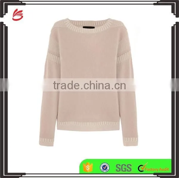 Antique-Rose 100% Cashmere Loose Crew Neck Women Chinese Sweater with Inverted Triangle Stiching on Back