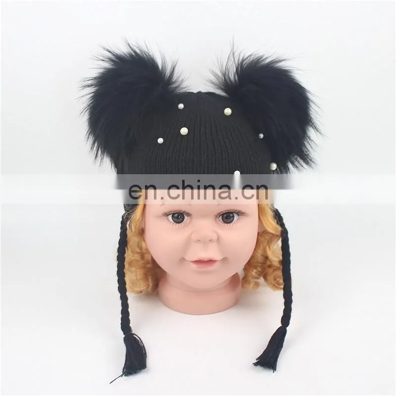 Wholesale Double Raccoon Fur Poms Cap Kids Hat With Fur Pom Pom