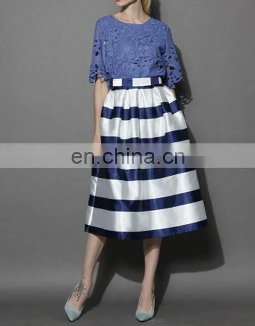 Stripes Full A-line Midi Skirt in Navy