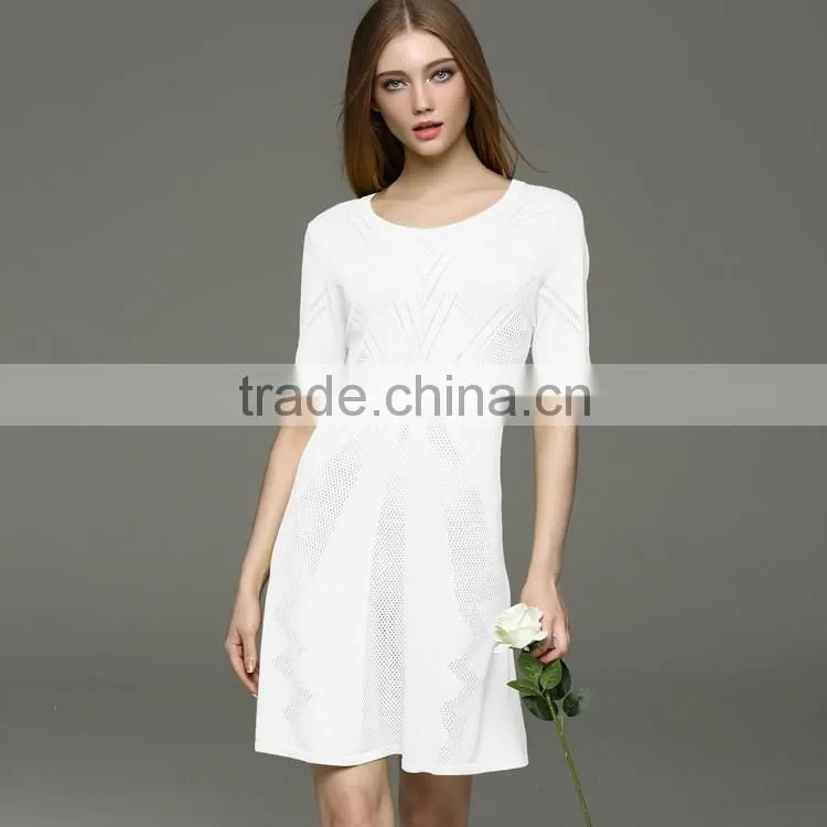 new arrival desgin for lady kintting hollow pattern round neck dress with half sleeves