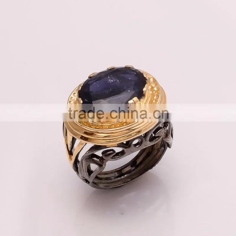 925 SOLID STERLING FINE SILVER IOLITE RING BLACK & GOLD RHODIUM