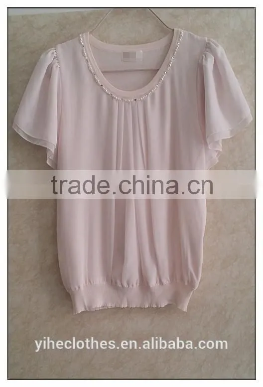 Sweet pink chiffon knitting wear short sleeve chiffon girl t-shirt