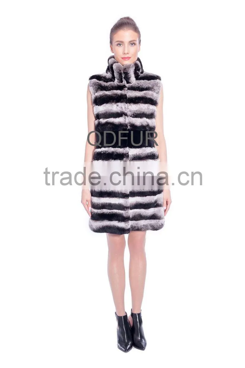 QD80159 Winter Women Long Real Rex Rabbit Fur Vest Printed Chinchilla Color