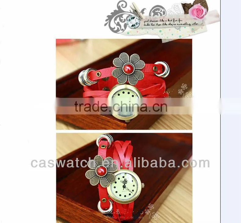 Fashion vintage long strap flower leather women watch