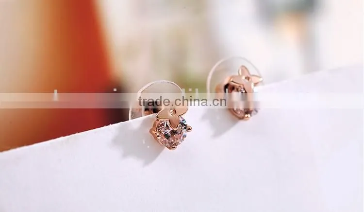JINSE Rose Gold Plated Four Leaves Shape Earrings Made With Big Zircon