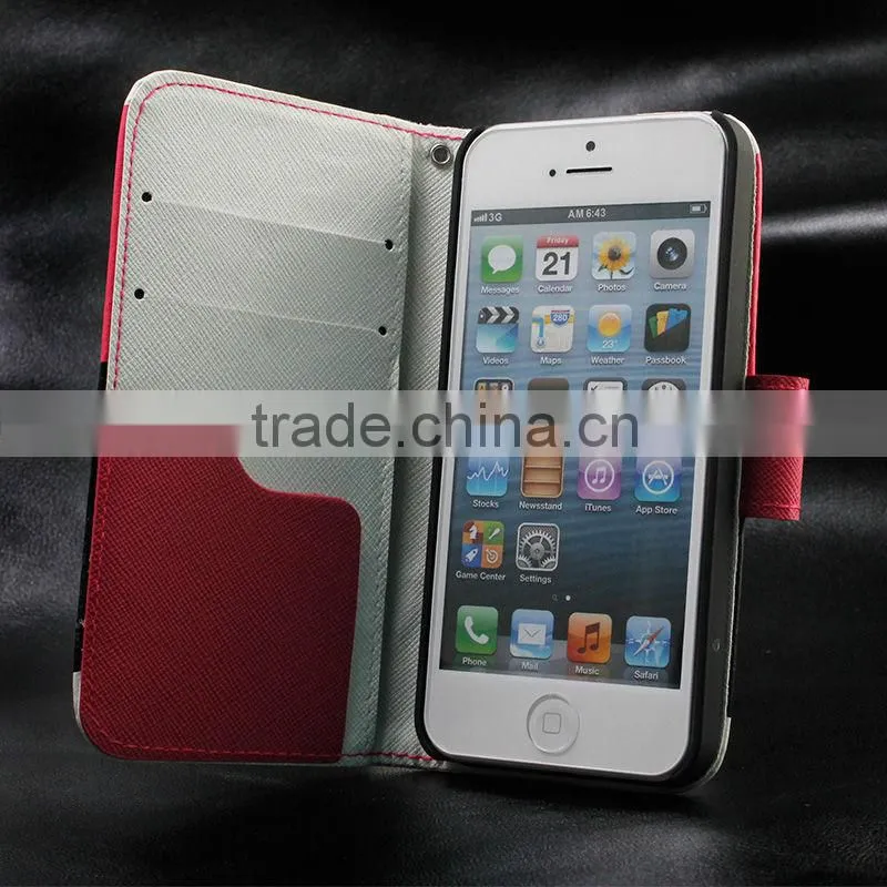 Colorful PU leather book case for iphone 5 with Card Slots inside