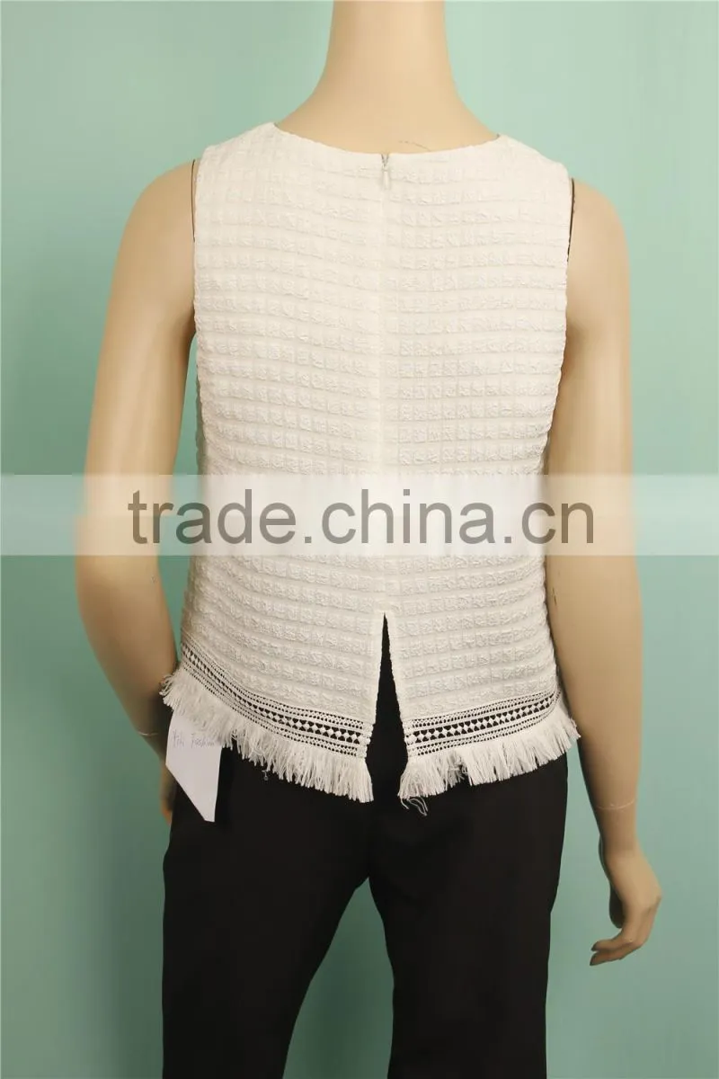 2016 S/S tassel hem sleeveless back zipper white sexy office lady blouse
