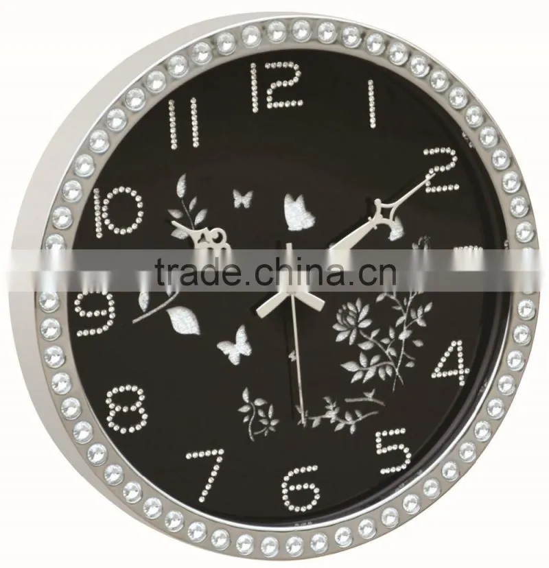 Home flower butterfly metal decorative wall mounted diamond clock