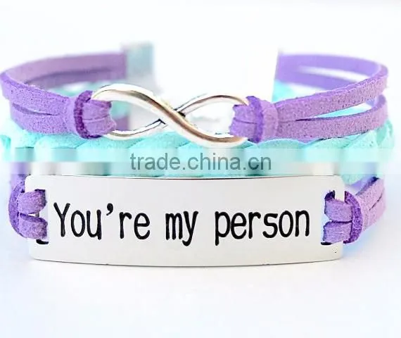 You are my person logo leather cord braided infinity charm bracelet
