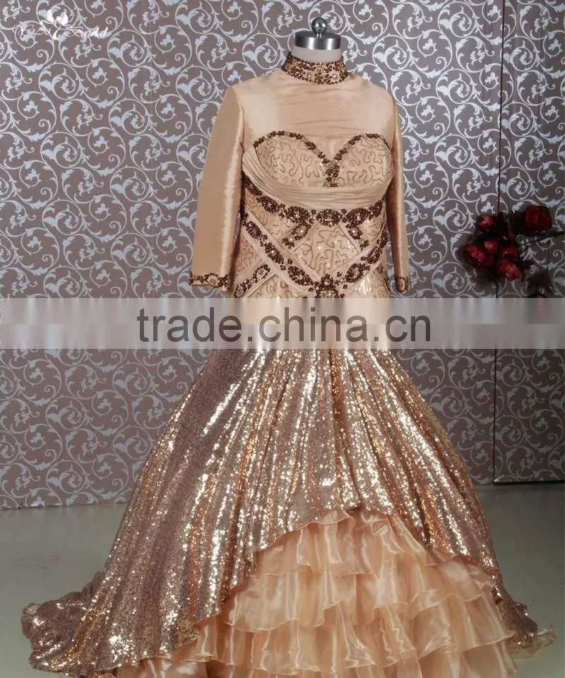 RSE689 Long Sleeves Bronze Indian Beaded Dresses For Muslim Mother Of The Bride