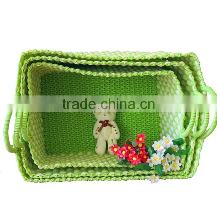 Set of 3 green color hand weave soft laundry basket plastic