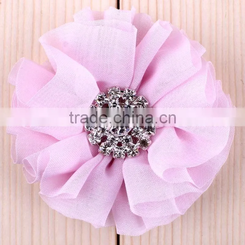 fabric chiffon flower with rhinestone center for kids hair accessories
