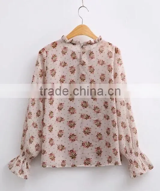 Runwaylover EY2344B Hot Sale 2017 Women Fashion Sleeve Fold Printed Chiffon Blouse