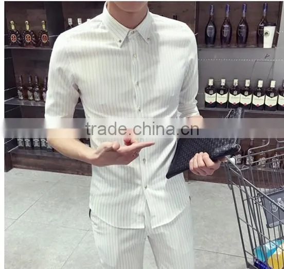 Sleeve in the small square collar stripe shirts