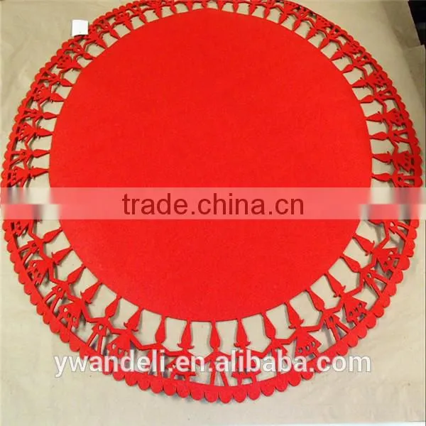 Scandinavian Christmas Red Felt Table Cloth, 35" Round Die Cut Table Cloth With Gnomes Pattern