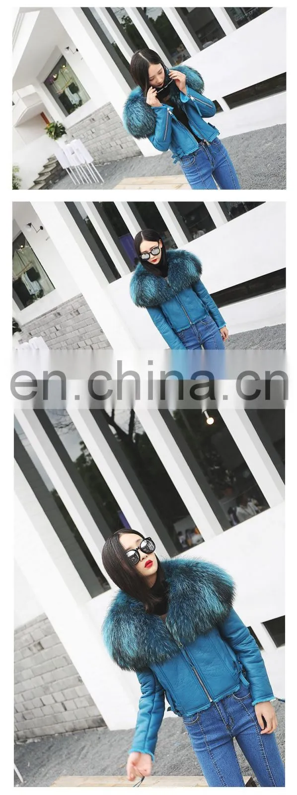 High Fashion Red Real Leather Jackets for Women / Raccoon Fur Collar Leather Jacket Made in China