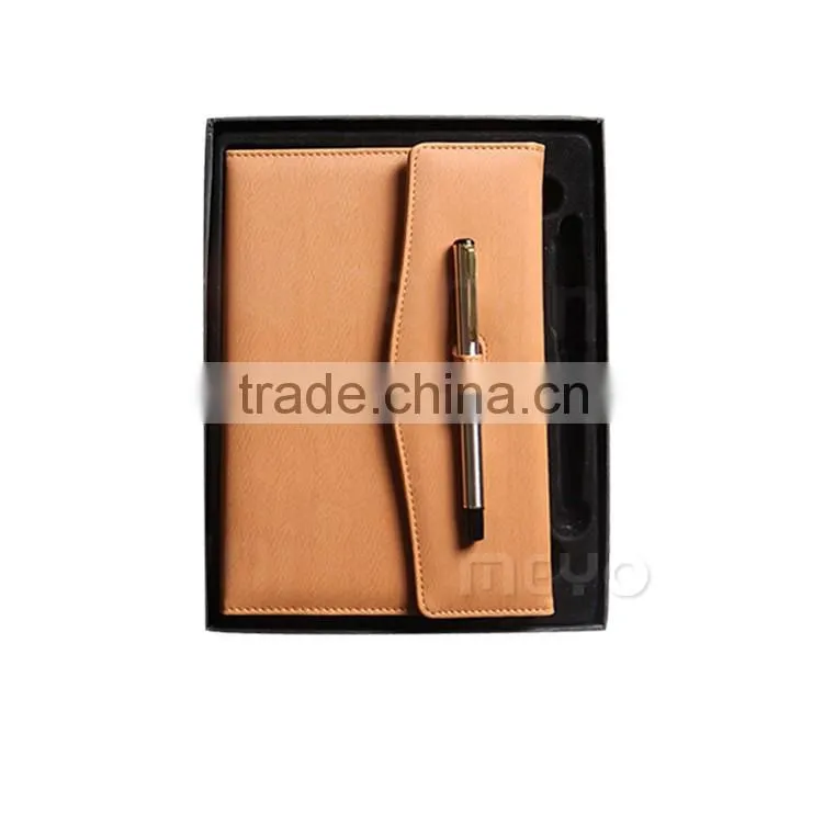 Offical brown leather notebook with locker with silver ballpoint pen gift set