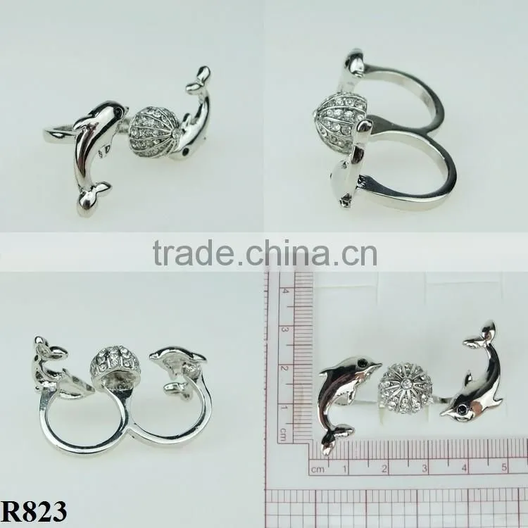 Fashion rhinestone ring double ring dolphin logo plating silver ring R823