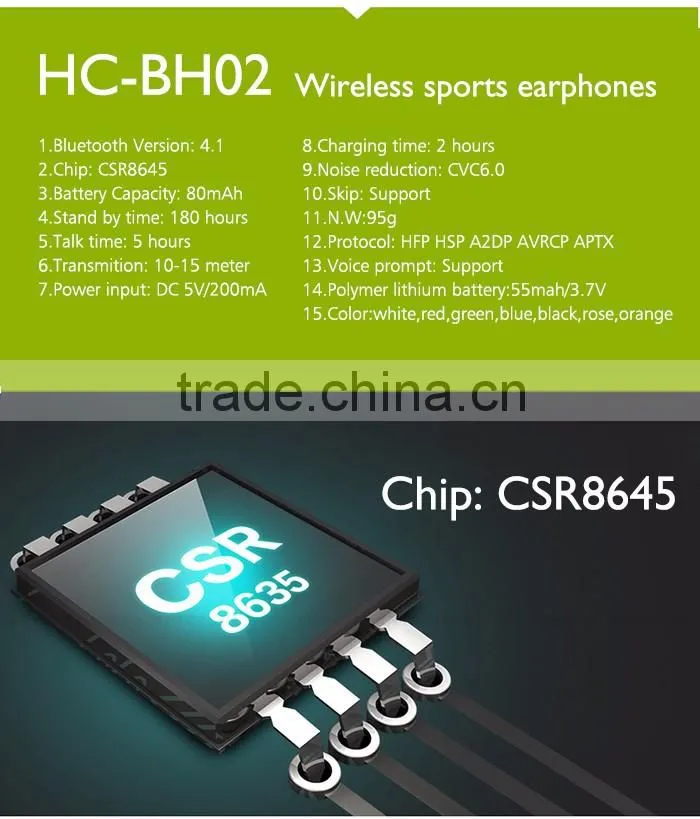 HC-BH02 bluetooth 4.1 version sports earphone with mic and remote ,bluetooth earphone