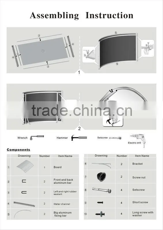 Factory price! Euro-design! outdoor polycarbonate aluminium awning parts size 1200x1600mm
