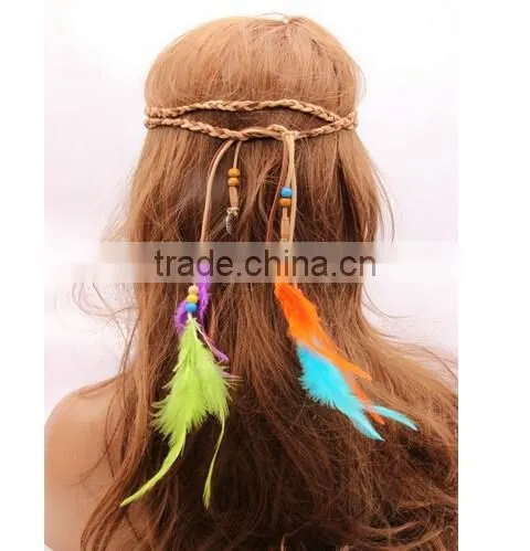 Women Girl Bohemian boho Fashion Handmade Multicolor Feather and Gold Leaves Pendants Hairband
