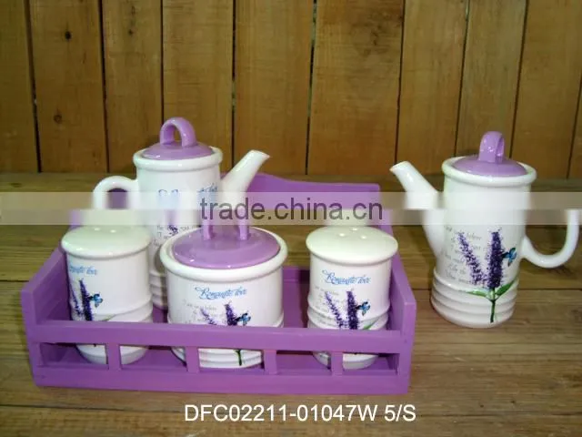 Embossed Ceramic Salt & Pepper Shakers + Oil & Vinegar Bottle + Sugar Jar Set with Wooden Stand