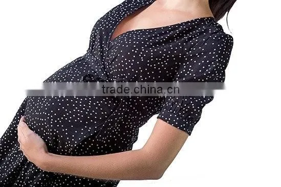 Summer print chiffon black wrap maternity dress, long maternity clothes, half sleeve maternity clothing