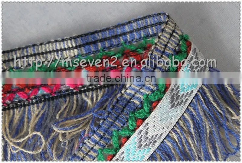 6.3cm polyester fringe tassel, Woolen fringe trimming with Jacquard, decorative Jacquard tape for garment