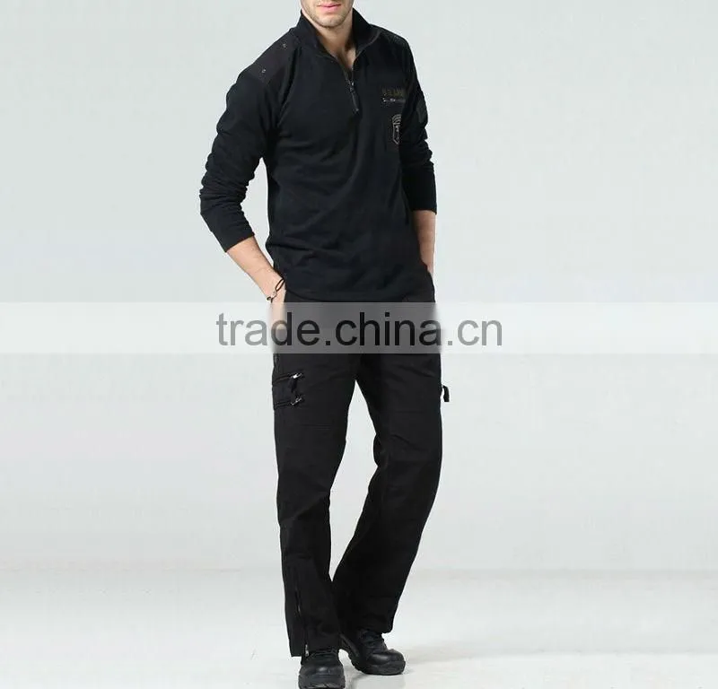 Men's 65% polyester 35% cotton with logo patch zipper collar and pocket military polar fleece jacket